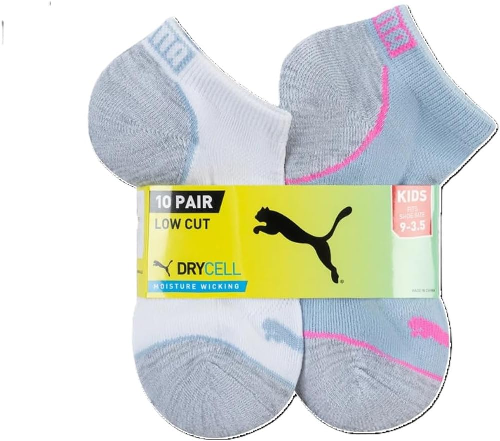 PUMA Kids' Low Cut Socks with DRYCELL Moisture Wicking, Shoe Size 9-3.5, 10 Pair