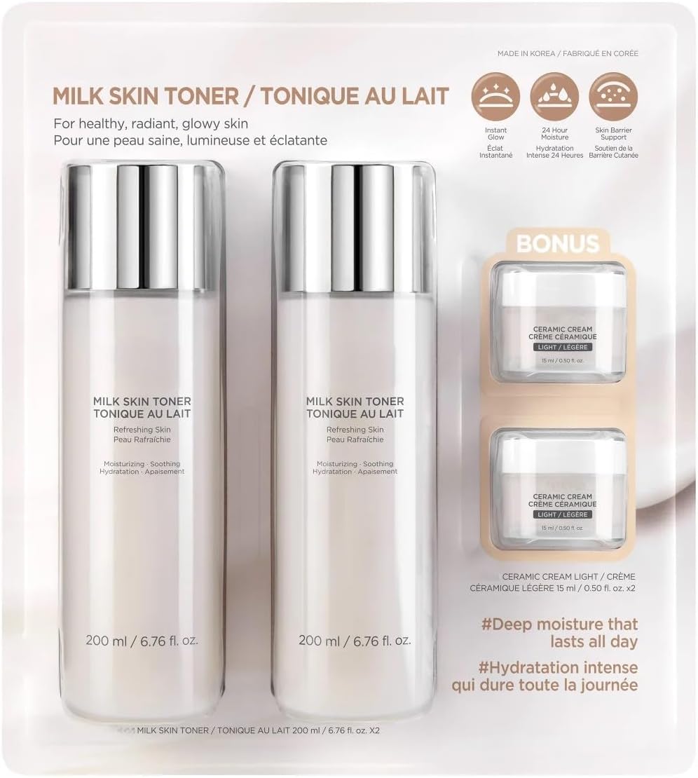 Milk Skin Rice Toner Glow Set - Deep Moisturizing, Niacinamide, Ceramide, Nature-Oriented Ingredients, Korean Skin Care, 2 ea 200ml/6.76 fl oz Milk Skin Toner and 15ml/0.50 fl oz Ceramic Cream Light