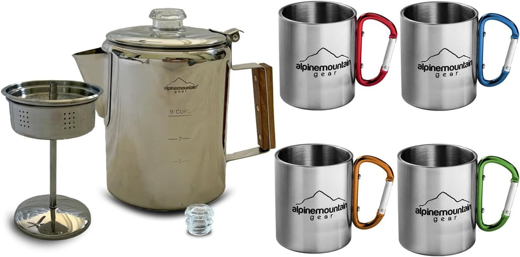 Alpine Mountain Gear camping cookware set with percolator and mugs on a white background