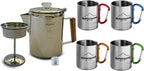 Alpine Mountain Gear camping cookware set with percolator and mugs on a white background