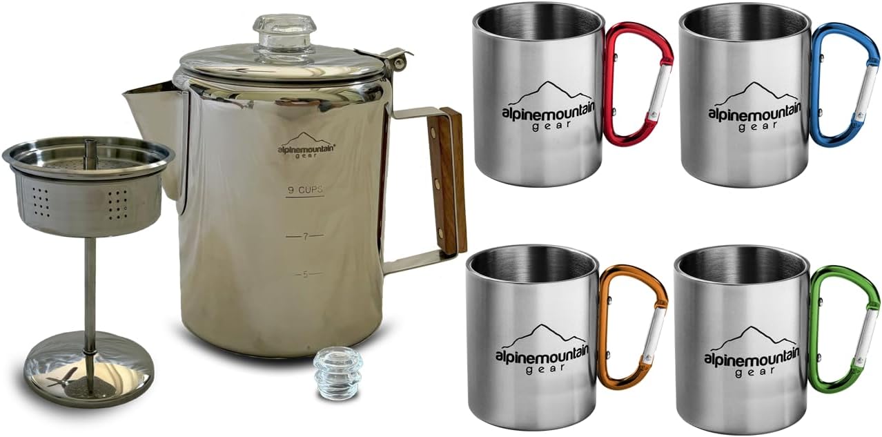 Alpine Mountain Gear camping cookware set with percolator and mugs on a white background