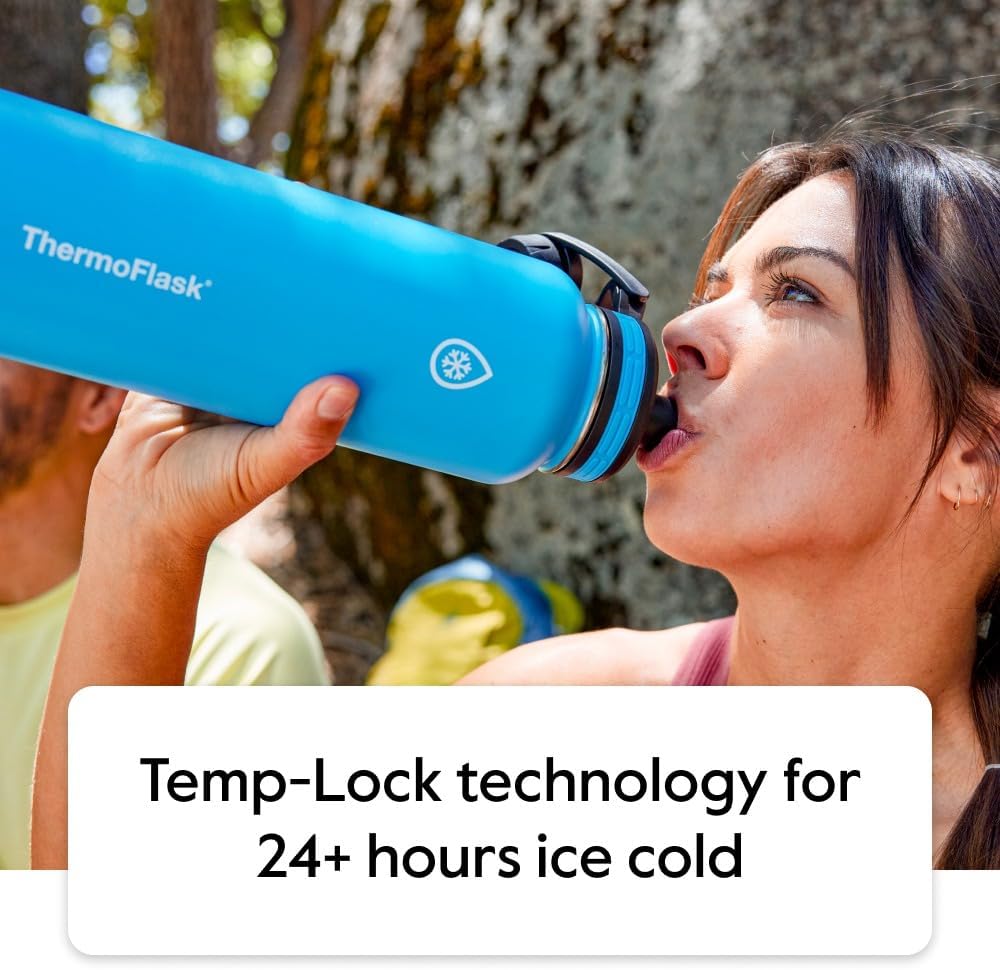ThermoFlask Stainless Steel Water Bottles 2-Pack - Double-Wall Vacuum Insulated 24 oz BPA-Free Spout Lids - Keeps Drinks Cold 24 Hrs, Hot 12 Hrs - Leakproof, Dishwasher Safe, Mayan Blue/Black