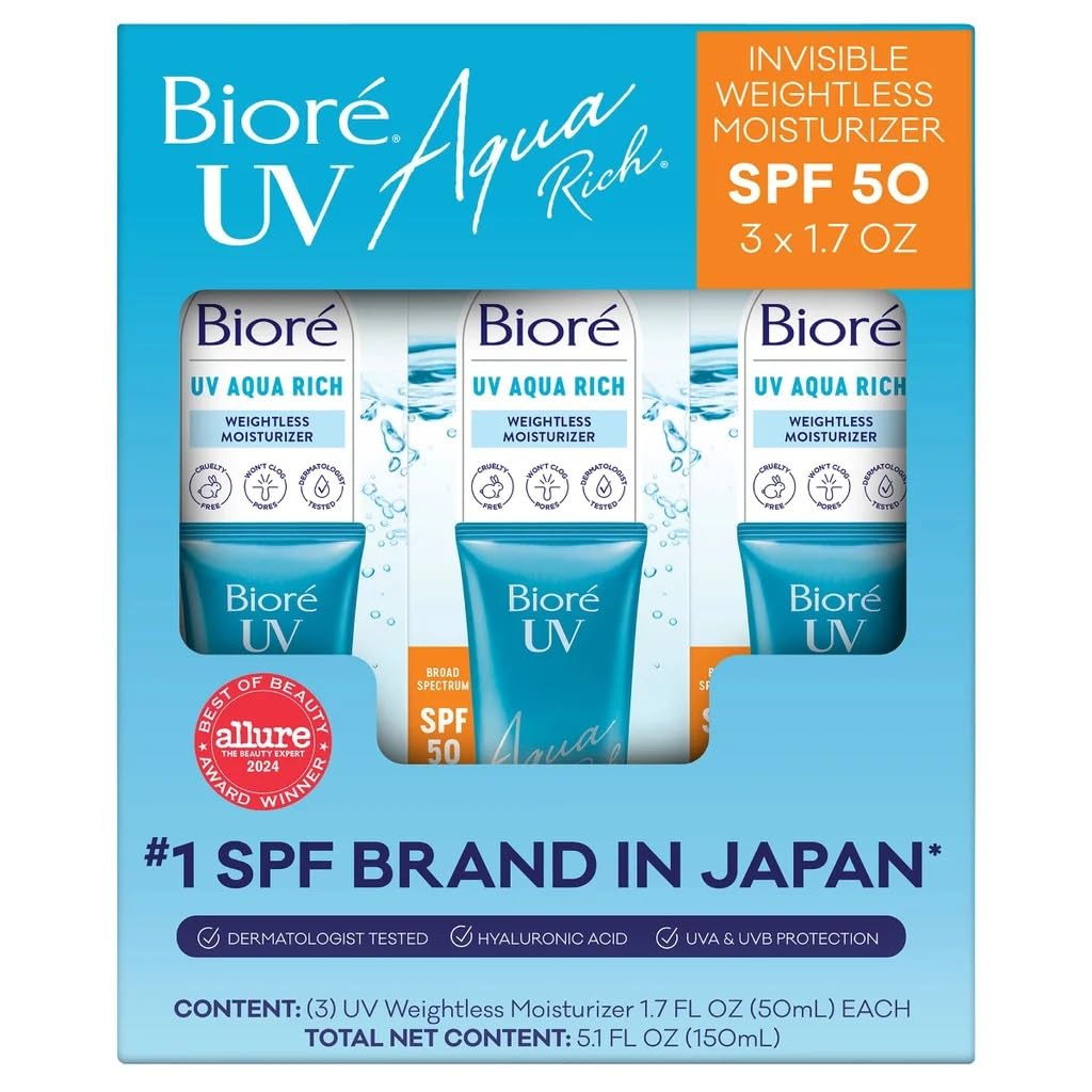 Biore UV Aqua Rich Daily Invisible Weightless Hydrating Facial Moisturizer with SPF 50 | Oil Free Sunscreen & Primer with Hyaluronic Acid, No White Cast, Non-Comedogenic, 1.7 Oz | 3 Pack
