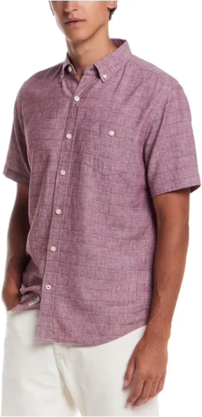 Weatherproof Vintage Men’s Short Sleeve Linen Blend Woven Button Down Shirt (US, Alpha, Medium, Regular, Regular, Red)