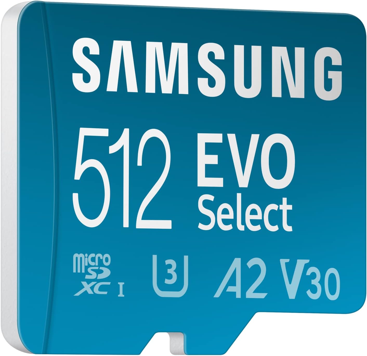Samsung 512GB EVO Select microSD card with U3, A2, V30 ratings on a blue background