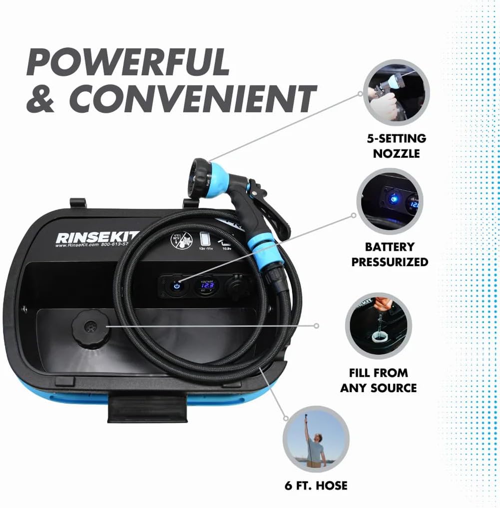 RinseKit PRO Portable Shower 3.5 Gal., High Pressure, Battery Powered, 6 Month Battery Life, Heating Options Available, Perfect for Camping, Beach, Van Life and More