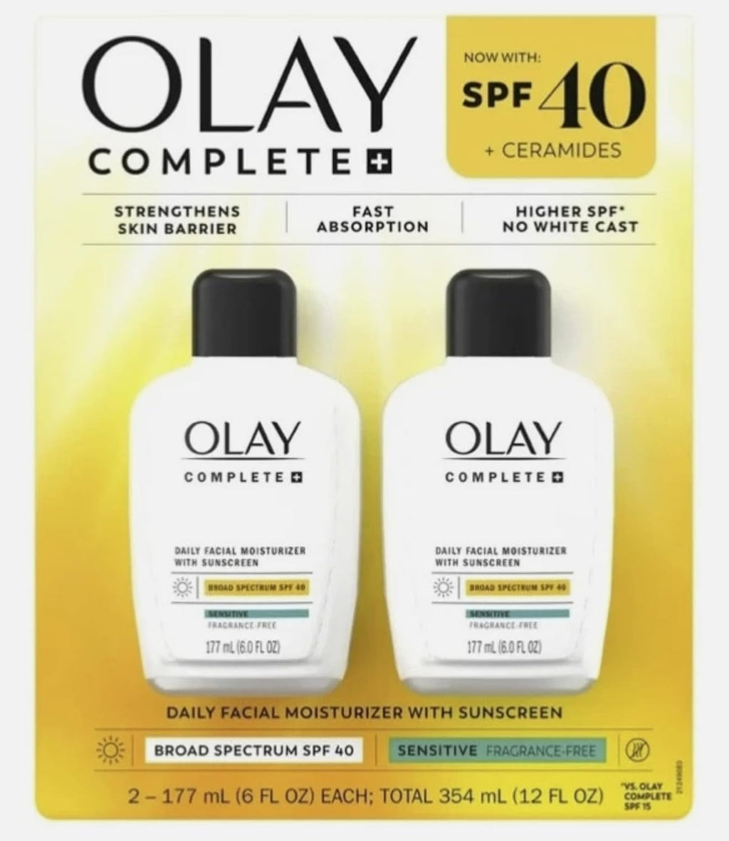 Olay Complete Daily Facial Moisturizer with SPF 40 Sunscreen, 2 Pack, 177 mL (6.0 FL OZ) each, 354 mL (12.0 FL OZ) Total