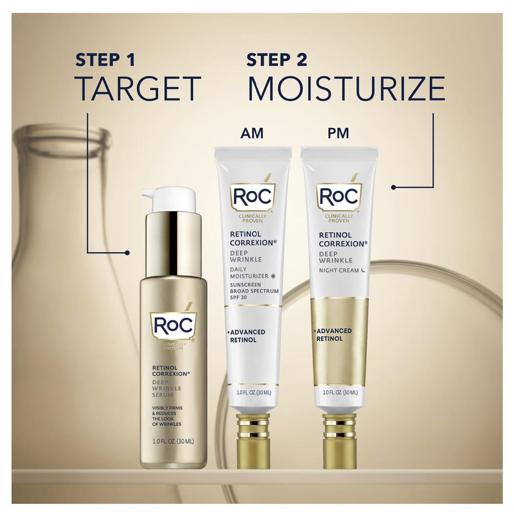 RoC skincare products with step-by-step instructions on a beige background