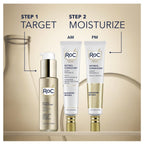 RoC skincare products with step-by-step instructions on a beige background