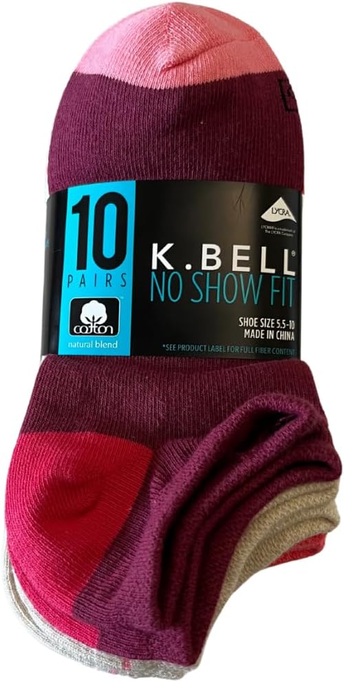 K BELLS No Show Socks, 10 Pairs, Assorted Solids and Stripes, Fits Shoe Sizes 5.5-10