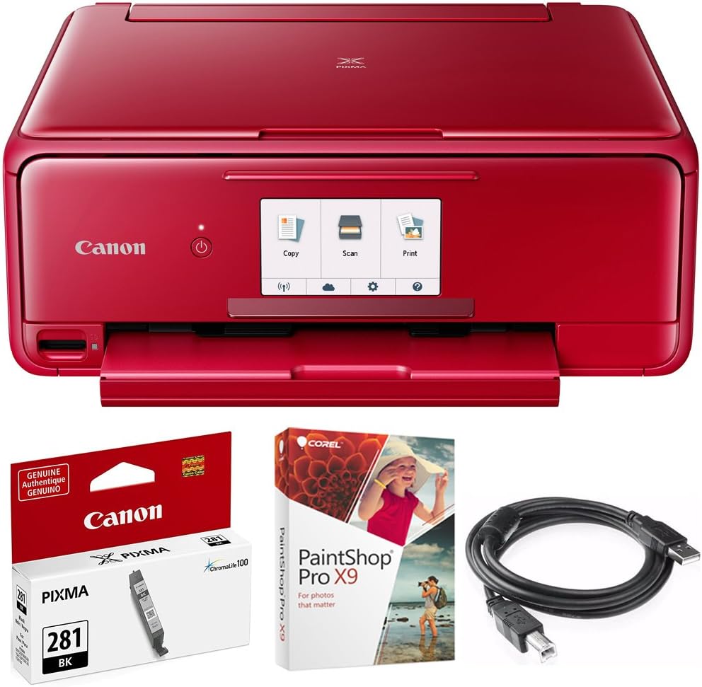 Canon 2230C042 PIXMA TS8120 Wireless Inkjet All-in-One Printer with Scanner and Copier, Red Bundle with CLI-281 Black Ink Tank, Corel Paint Shop Pro Digital Download and 6ft USB Printer Cable