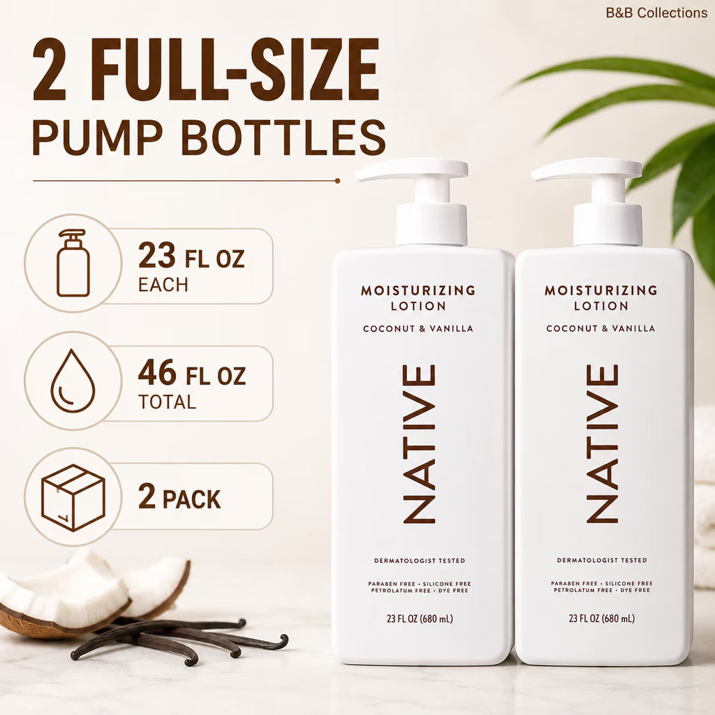 Natives Moisturizing Lotions Coconut & Vanilla, 23 fl oz, Plant-Based Moisturizers with Shea Butter & Niacinamide, Hand & Body Lotion, 2 Pack