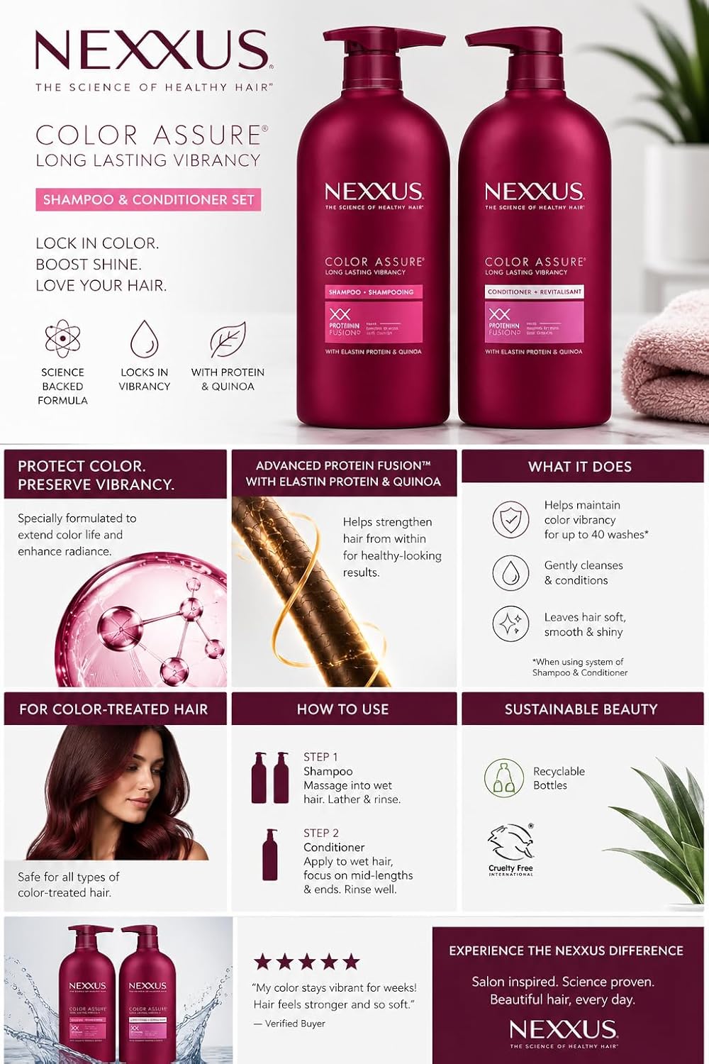 Nexxus Color Assure Shampoo and Conditioner for Color Treated Hair Color Assure Enhance Color Long Lasting Vibrancy 32 oz, 2 Count