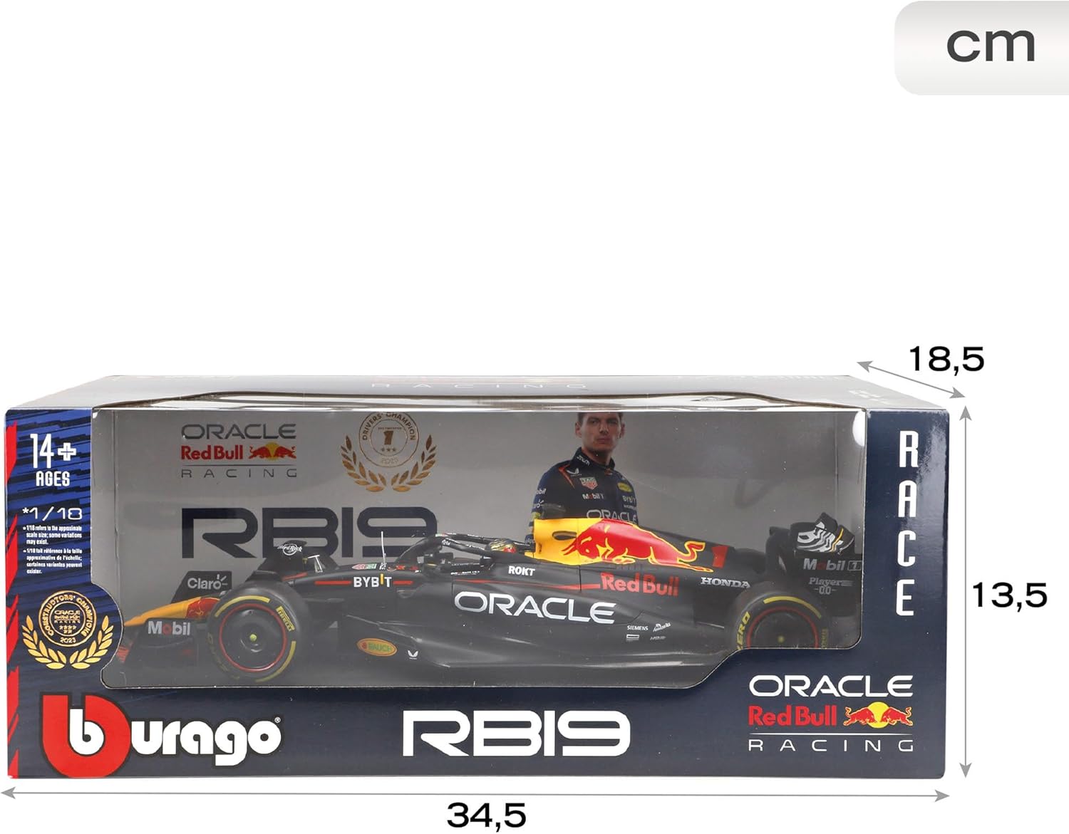 Bburago 1:18 Scale Formula Race Oracle Red Bull Racing RB19 (2023) Diecast Vehicle with Driver Helmet Verstappen #1