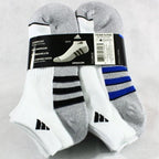Adidas Performance Aeroready Cushioned Low Cut Socks for Men and Women, Men's Shoe Size 6-12, White - Gray with Blue/Black Stripes (6 pairs Total)