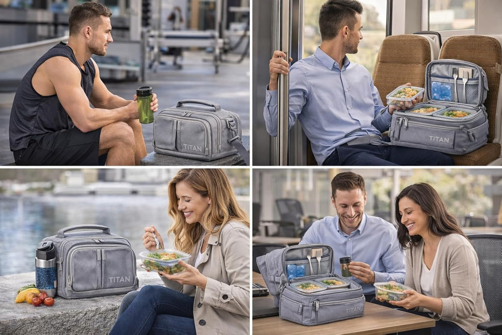 Titan by Arctic Zone Expandable Lunch Box – Insulated, Crush-Resistant Cooler with 2 Ice Walls & Leak-Proof Lining – Meal Prep Bag with Strap & Container for Work & Travel | Black (Pale Frost)