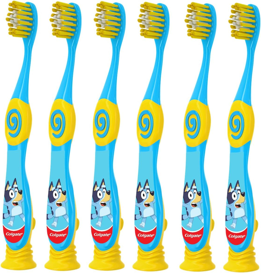 Colgate Bluey Toothbrush for Children with Suction Cup, Kids 2-5 Years Old, Extra Soft (Colors & Characters Very) - Pack of 6
