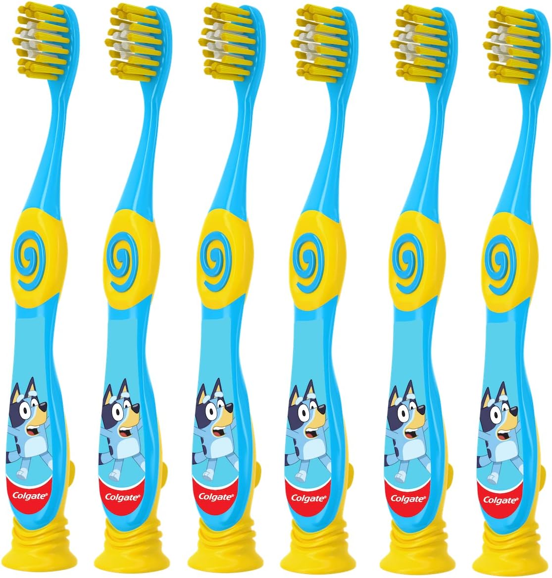 Colgate Bluey Toothbrush for Children with Suction Cup, Kids 2-5 Years Old, Extra Soft (Colors & Characters Very) - Pack of 6