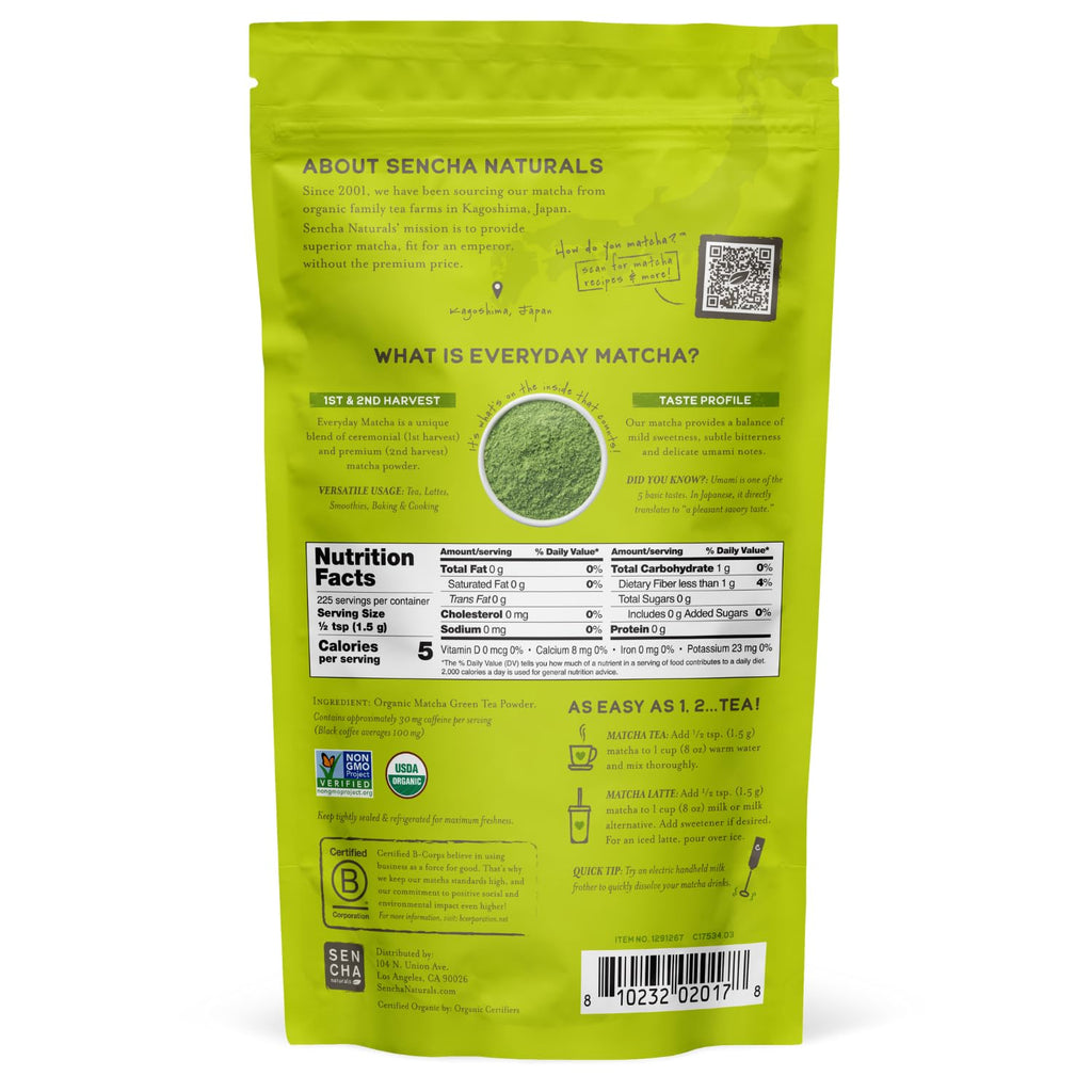 SEN CHA Naturals Organic Everyday Matcha Powder, Authentic Japanese Green Tea, Premium First & Second Harvest Culinary and Ceremonial Grade Matcha Powder, Lattes & Baking, 12oz Bag (1 Pack)