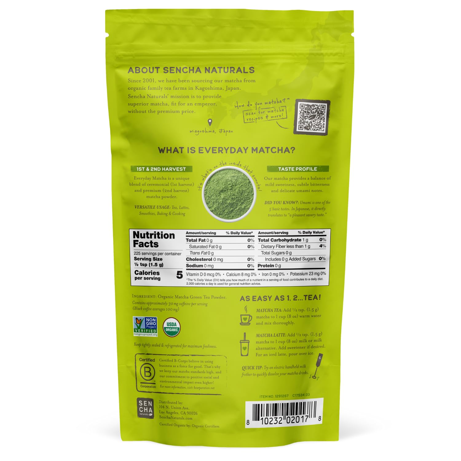 SEN CHA Naturals Organic Everyday Matcha Powder, Authentic Japanese Green Tea, Premium First & Second Harvest Culinary and Ceremonial Grade Matcha Powder, Lattes & Baking, 12oz Bag (1 Pack)