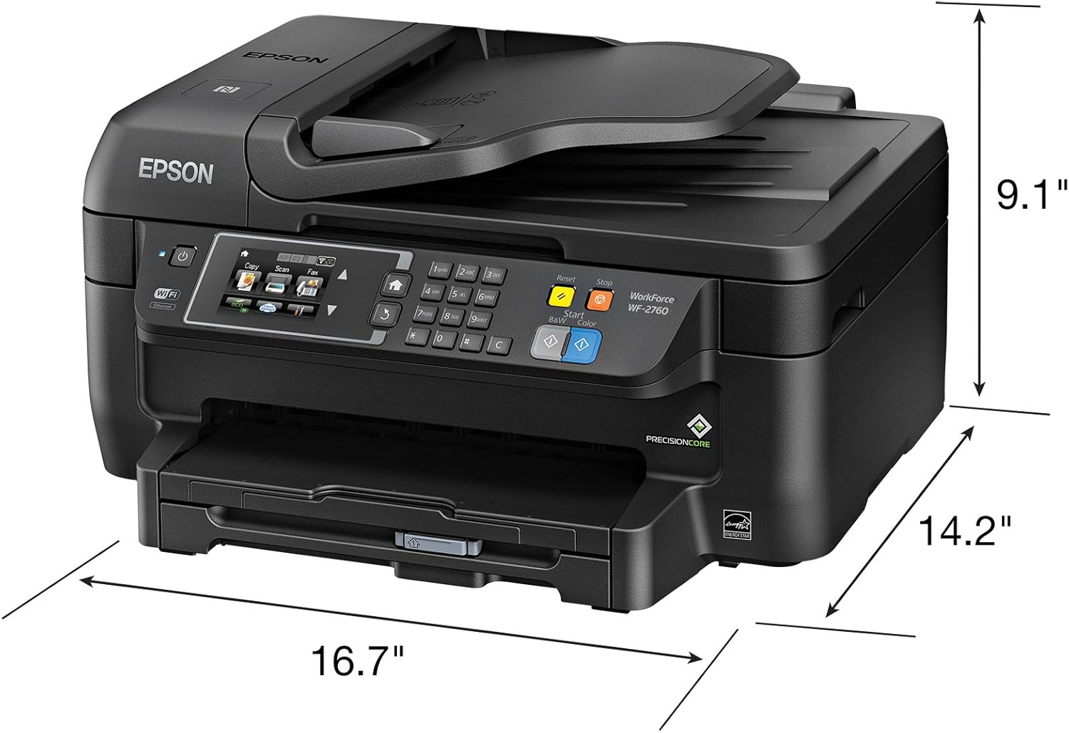 Epson WF-2760 All-in-One Wireless Color Printer with Scanner, Copier, Fax, Ethernet, Wi-Fi Direct & NFC, Works with Alexa