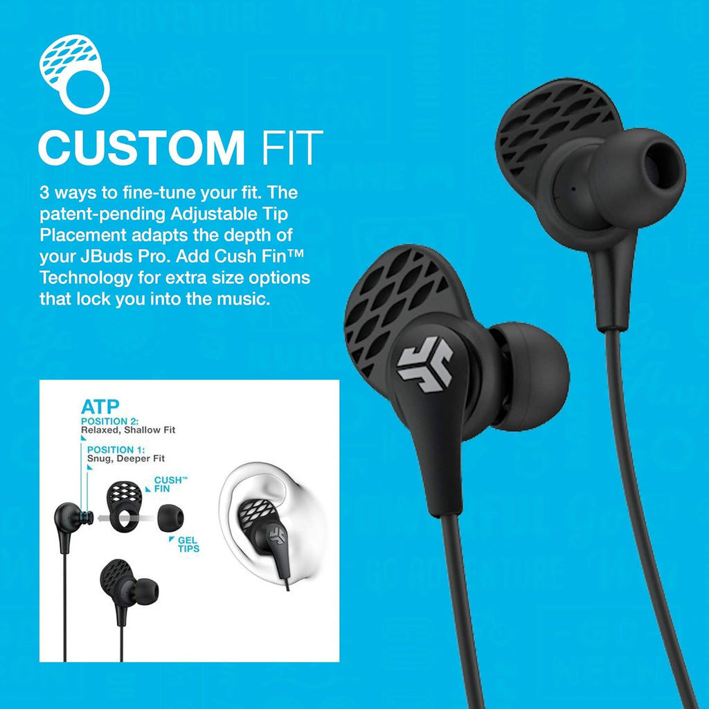 JLab JBuds Pro Bluetooth Wireless Signature Earbuds, Titanium 10mm Drivers, 10-Hour Battery Life, Music Controls, Noise Isolation, Bluetooth 4.1 Extra Gel Tips and Cush Fins, Graphite/Blue