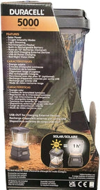 Duracell 5000 solar lantern packaging with features and specifications.