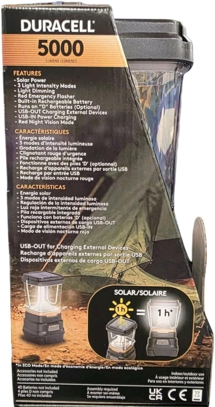 Duracell 5000 solar lantern packaging with features and specifications.