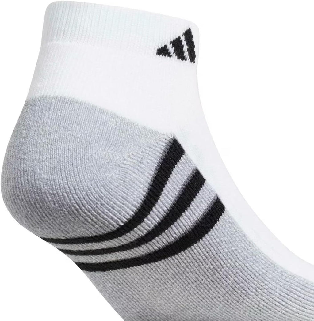 Adidas Performance Aeroready Cushioned Low Cut Socks for Men and Women, Men's Shoe Size 6-12, White - Gray with Blue/Black Stripes (6 pairs Total)