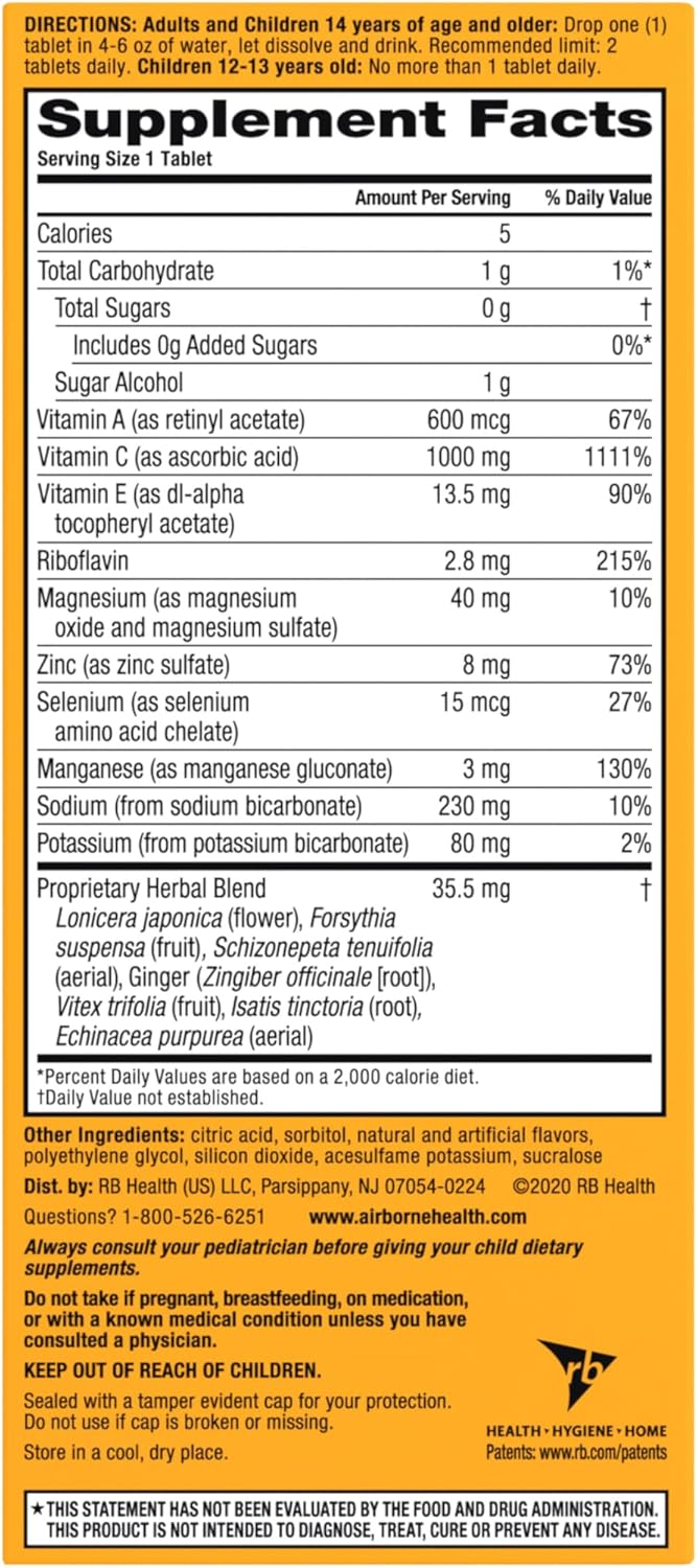Vitamin C 1000mg (per serving) - Airborne Zesty Orange Effervescent Tablets (36 count in a box), Gluten-Free Immune Support Supplement With Vitamins A C E, ZINC, Selenium, Echinacea & Ginger