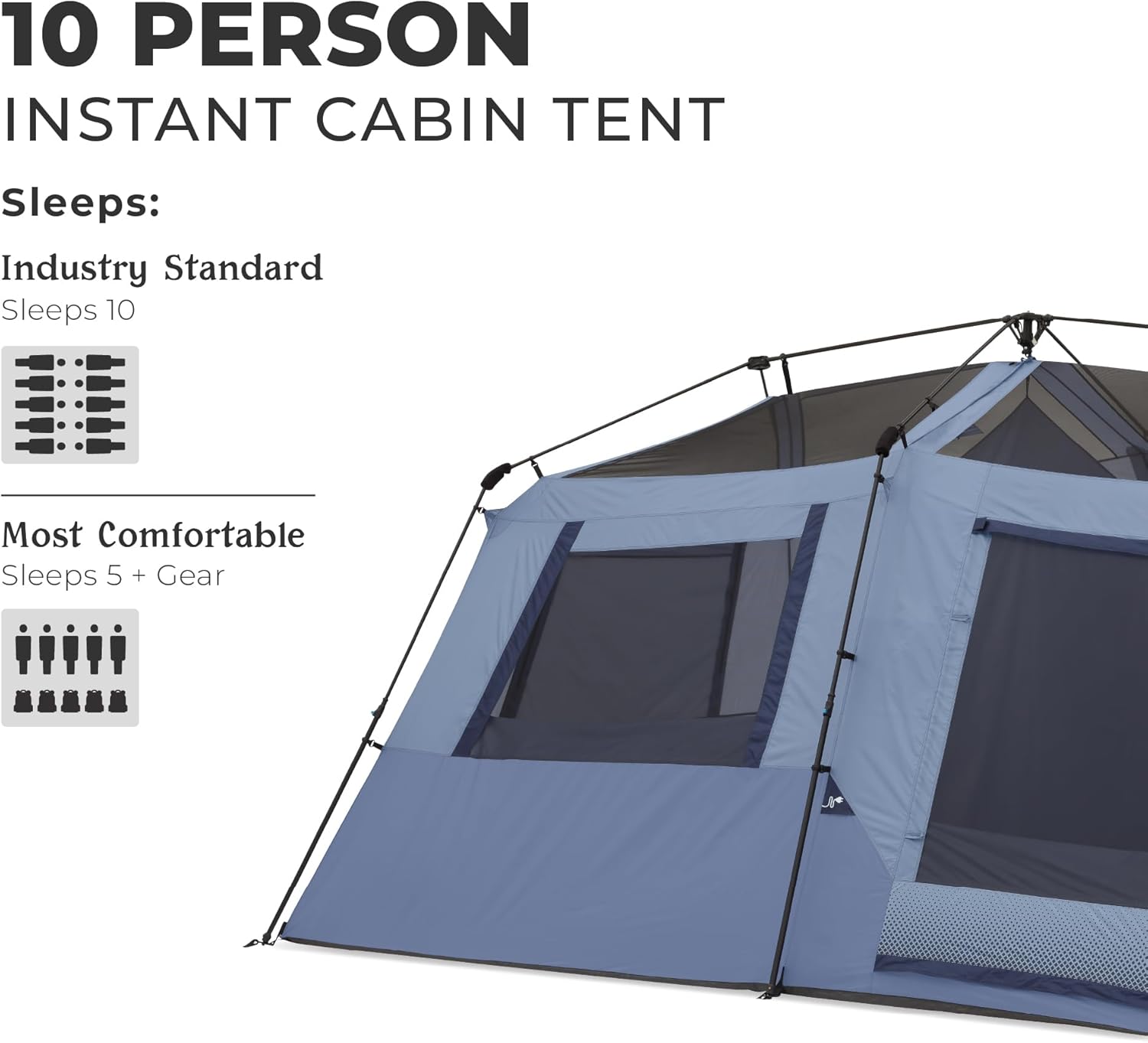 CORE 10 Person Instant Cabin Tent | Large Multi Room Family Pop Up Tent for 2 Minute Camp Setup | Included Storage Pockets for Camping Accessories