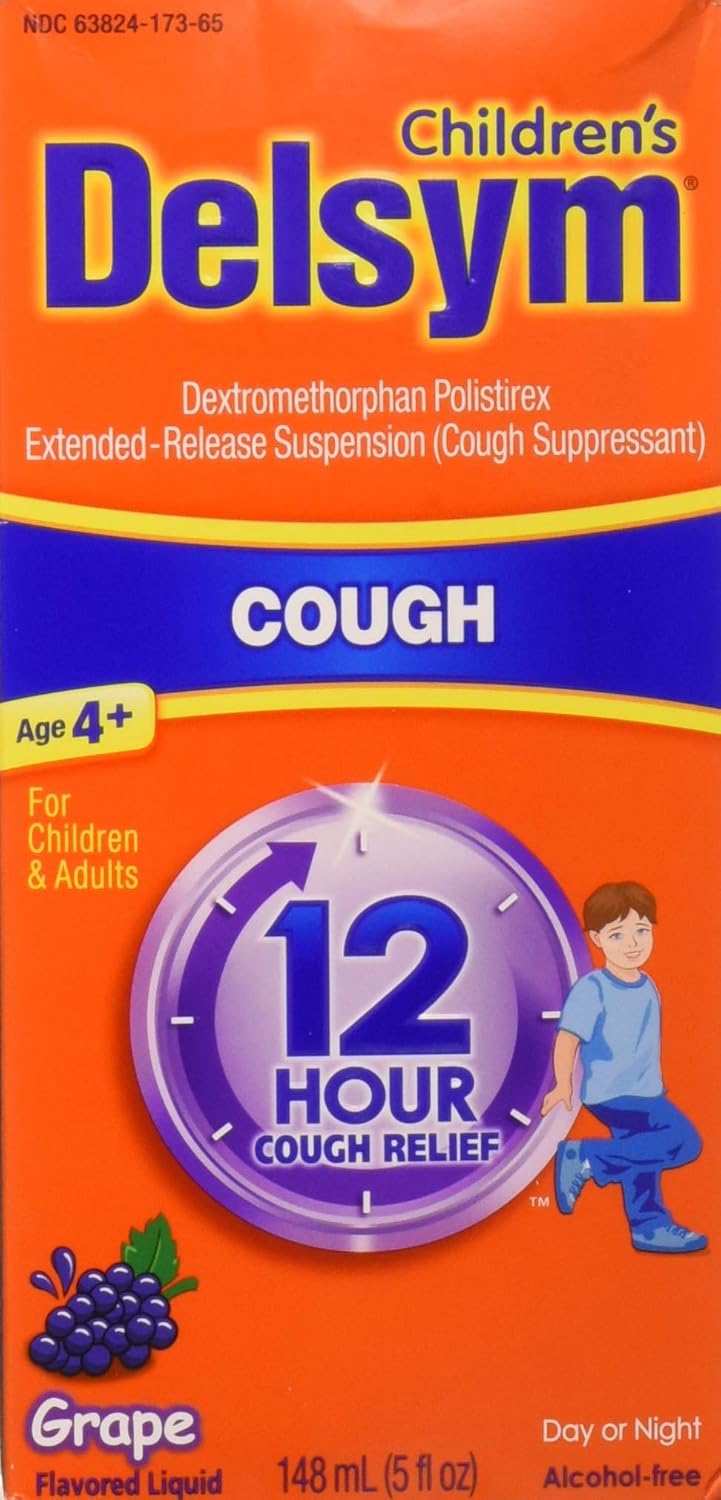Children's Delsym Cough Suppressant packaging with grape flavor indication.