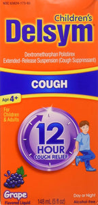 Children's Delsym Cough Suppressant packaging with grape flavor indication.