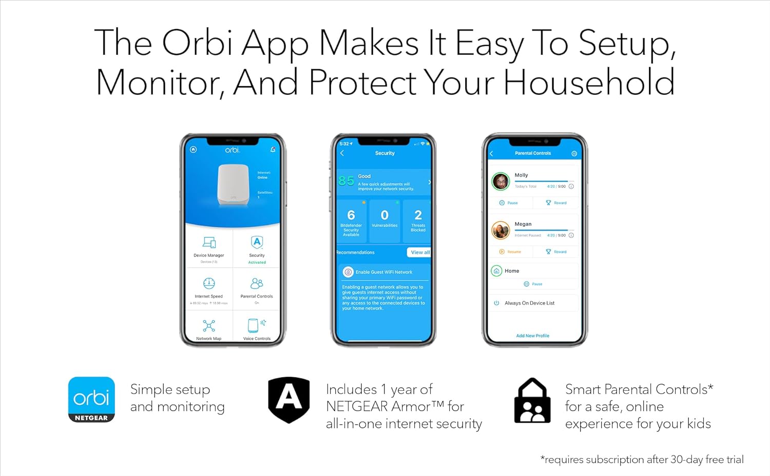 NETGEAR Orbi Whole Home Tri-Band Mesh WiFi 6 System (RBK753S) – with 1-Year NETGEAR Armor Internet Security – Router with 2 Satellite Extenders | Coverage up to 7,500 sq.ft, 40 Devices | 4.2Gbps