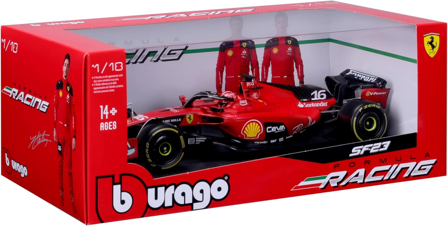 May Cheong B18-16812L Bburago Formula 1 Ferrari SF-23 Leclerc with Helmet 2023 Die Cast Car, Red