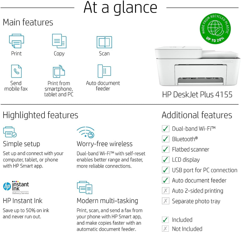 HP DeskJet Plus 4155 Wireless All-in-One Printer, Mobile Print, Scan & Copy, Instant Ink Ready, Auto Document Feeder, Works with Alexa (3XV13A)