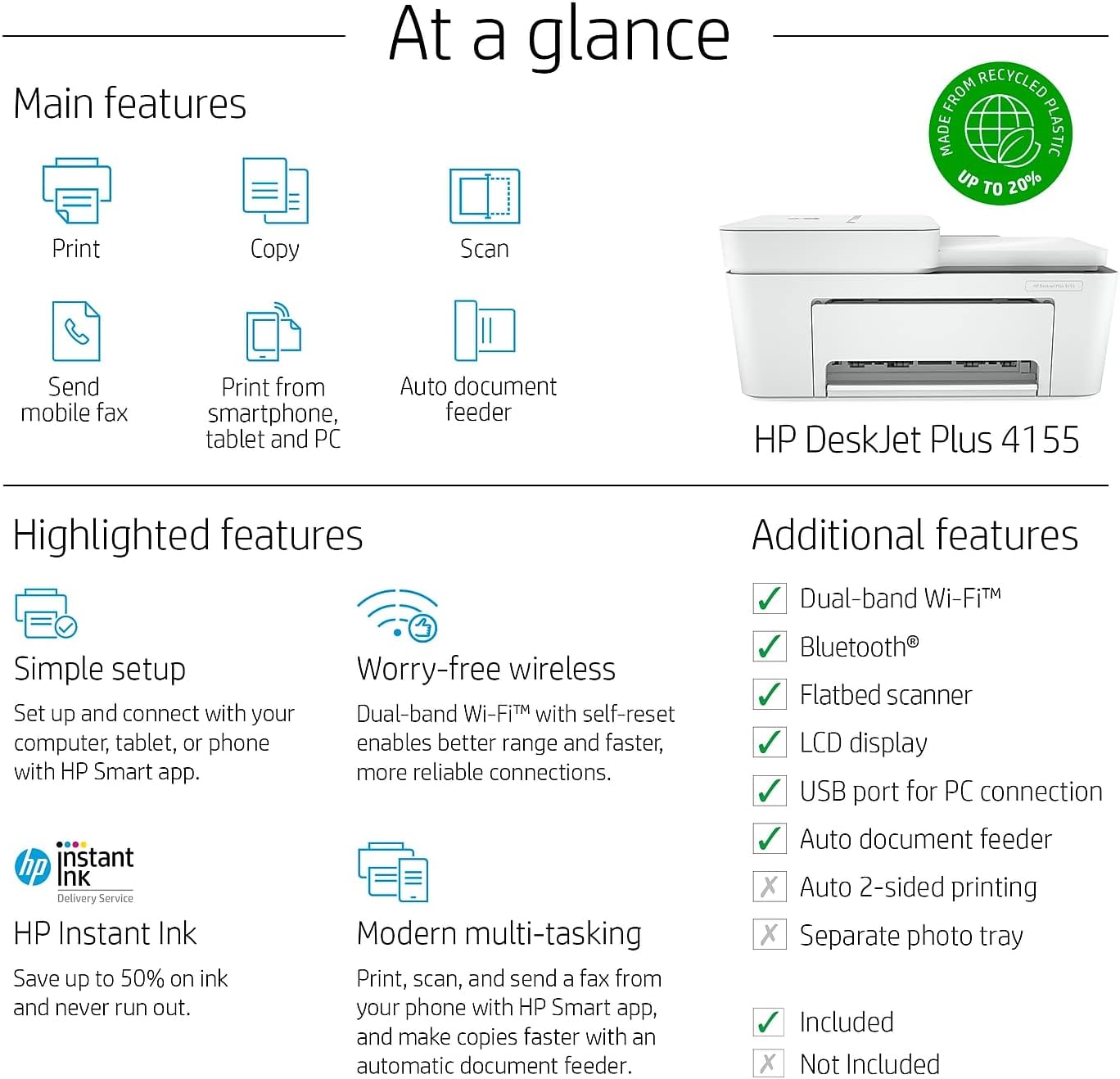 HP DeskJet Plus 4155 Wireless All-in-One Printer, Mobile Print, Scan & Copy, Instant Ink Ready, Auto Document Feeder, Works with Alexa (3XV13A)