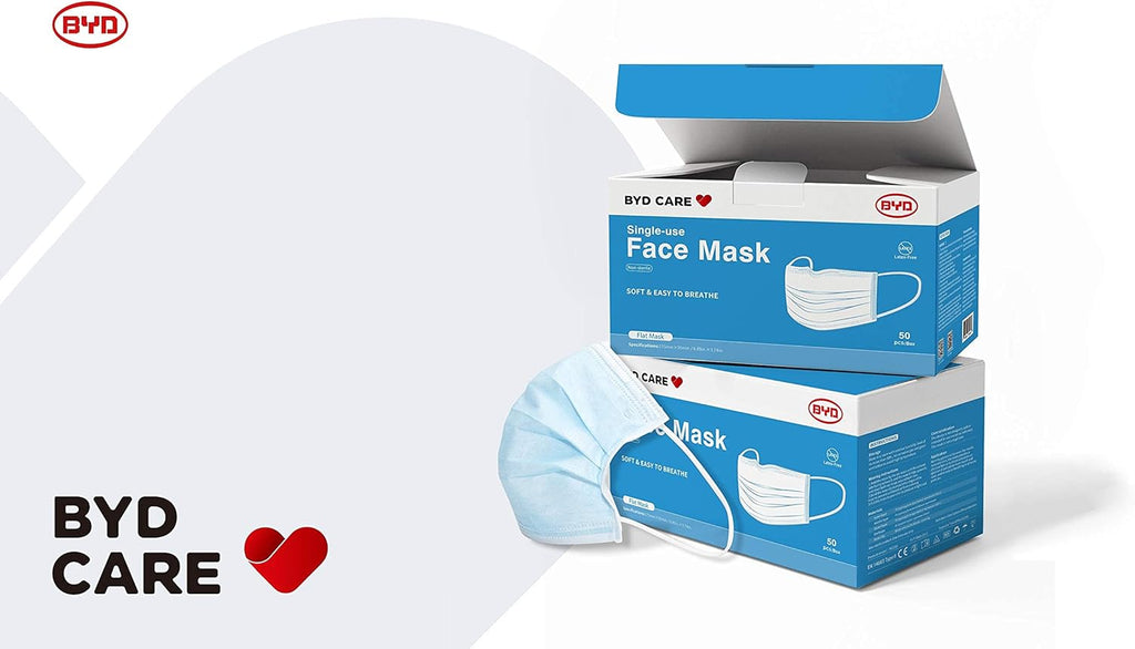 BYD CARE Single Use Disposable 3-Ply Face Mask, Daily protection for men and women for Home, Office, School, Restaurants, Gyms, Outdoor and Indoor, Box of 50 PCs