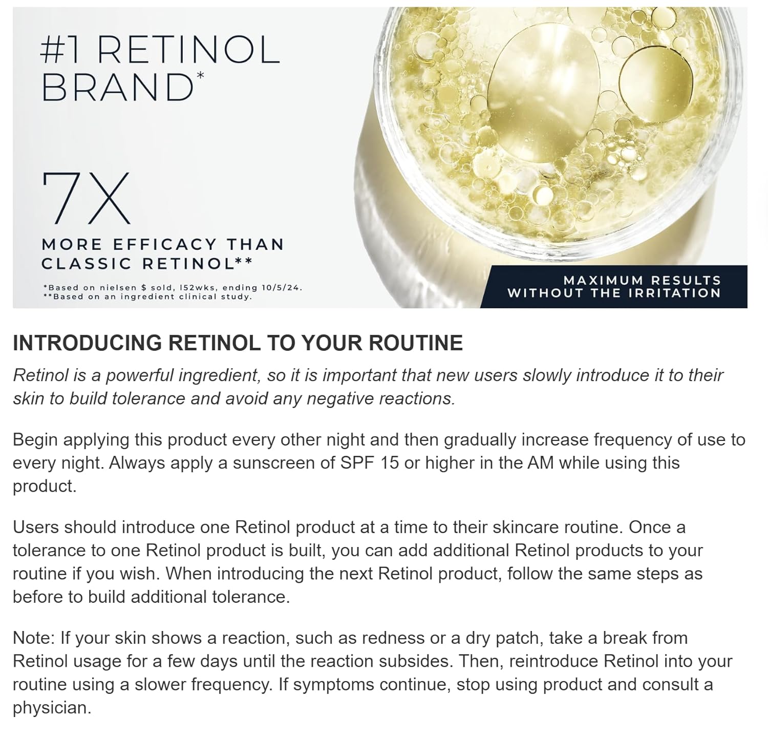 Cosmetic jar with retinol cream and text about retinol use, efficacy, and safety.