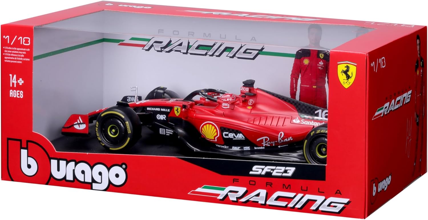 May Cheong B18-16812L Bburago Formula 1 Ferrari SF-23 Leclerc with Helmet 2023 Die Cast Car, Red