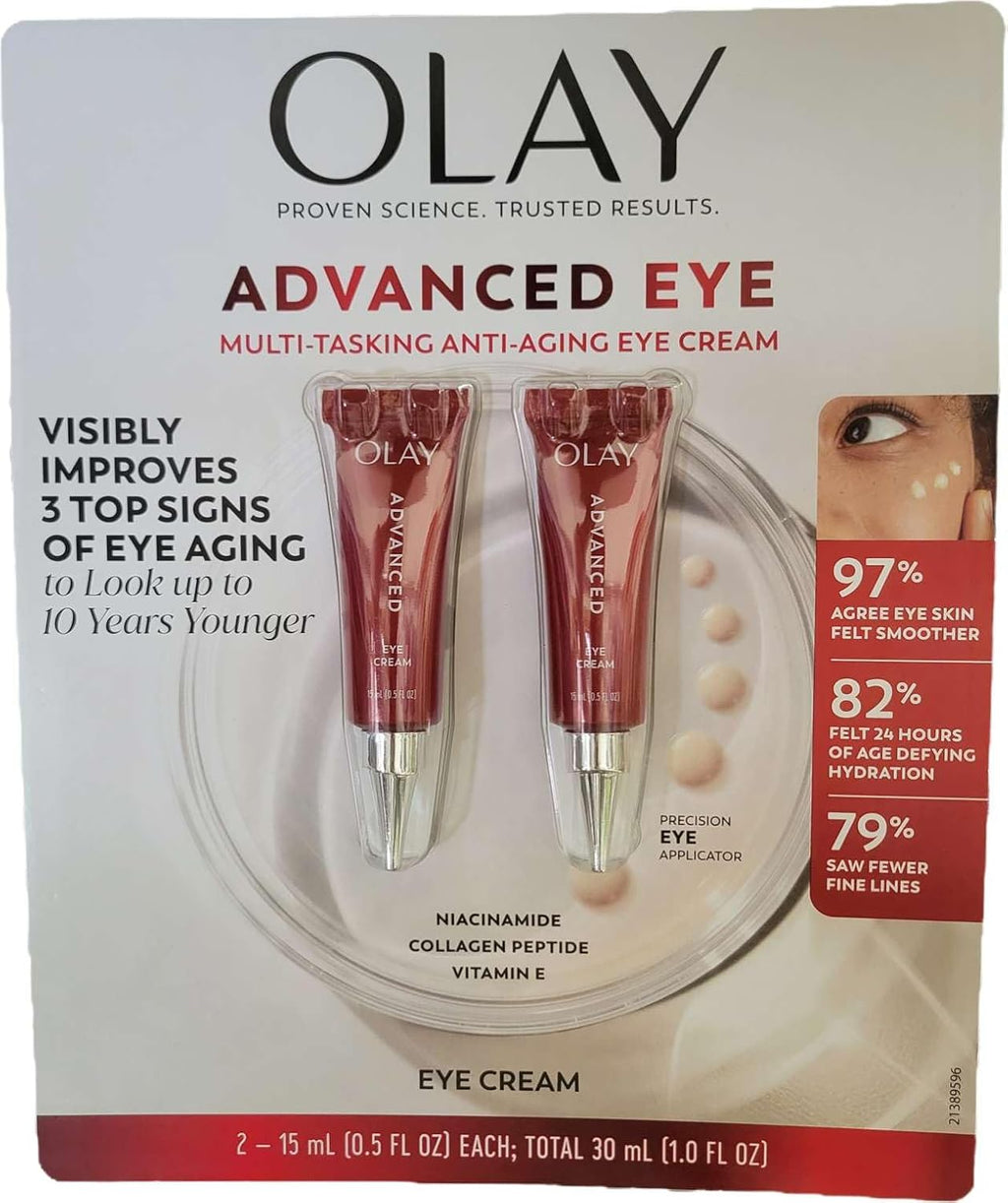 Olay Advanced Eye Multi-Tasking Anti-Aging Eye Cream packaging with two eye creams and a woman's face.