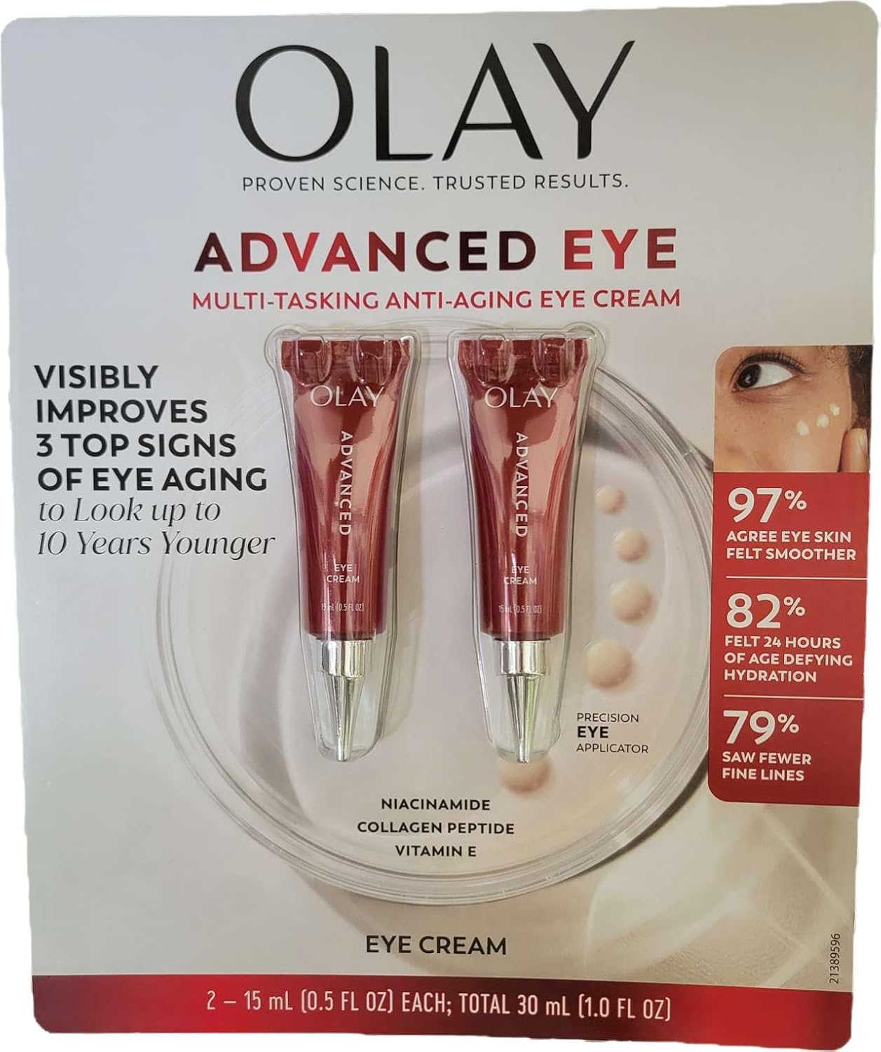 Olay Advanced Eye Multi-Tasking Anti-Aging Eye Cream packaging with two eye creams and a woman's face.