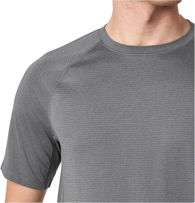 Gray short-sleeve shirt worn by a person on a white background