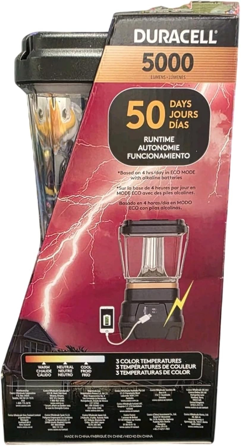 Duracell lantern packaging with specifications on a red and black background