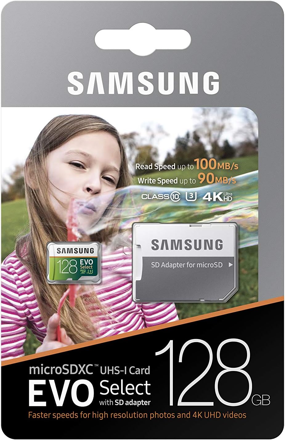 Samsung microSDXC EVO Select 128GB card with adapter packaging featuring a child.