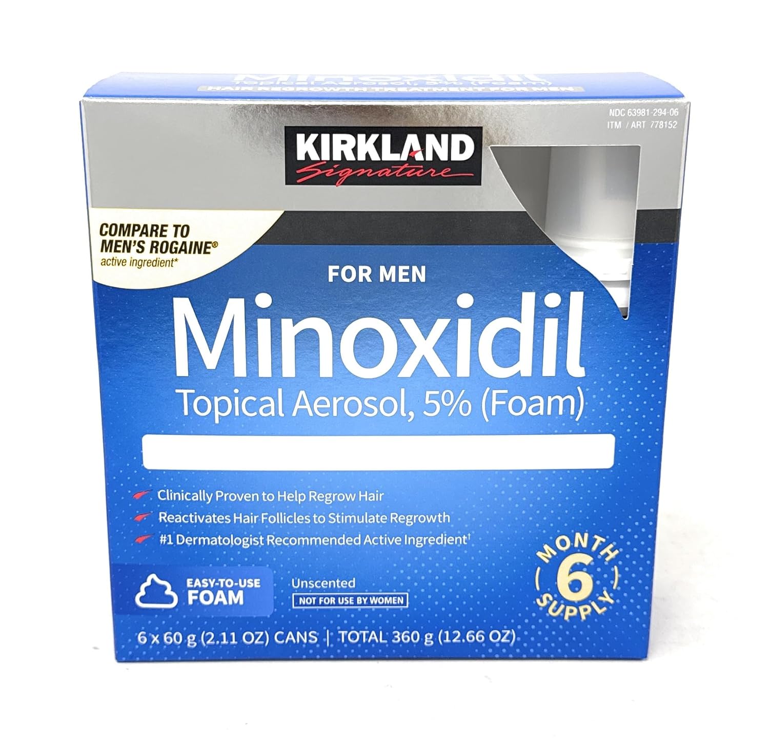 Kirkland Minoxidil Topical Aerosol packaging for men on a white background
