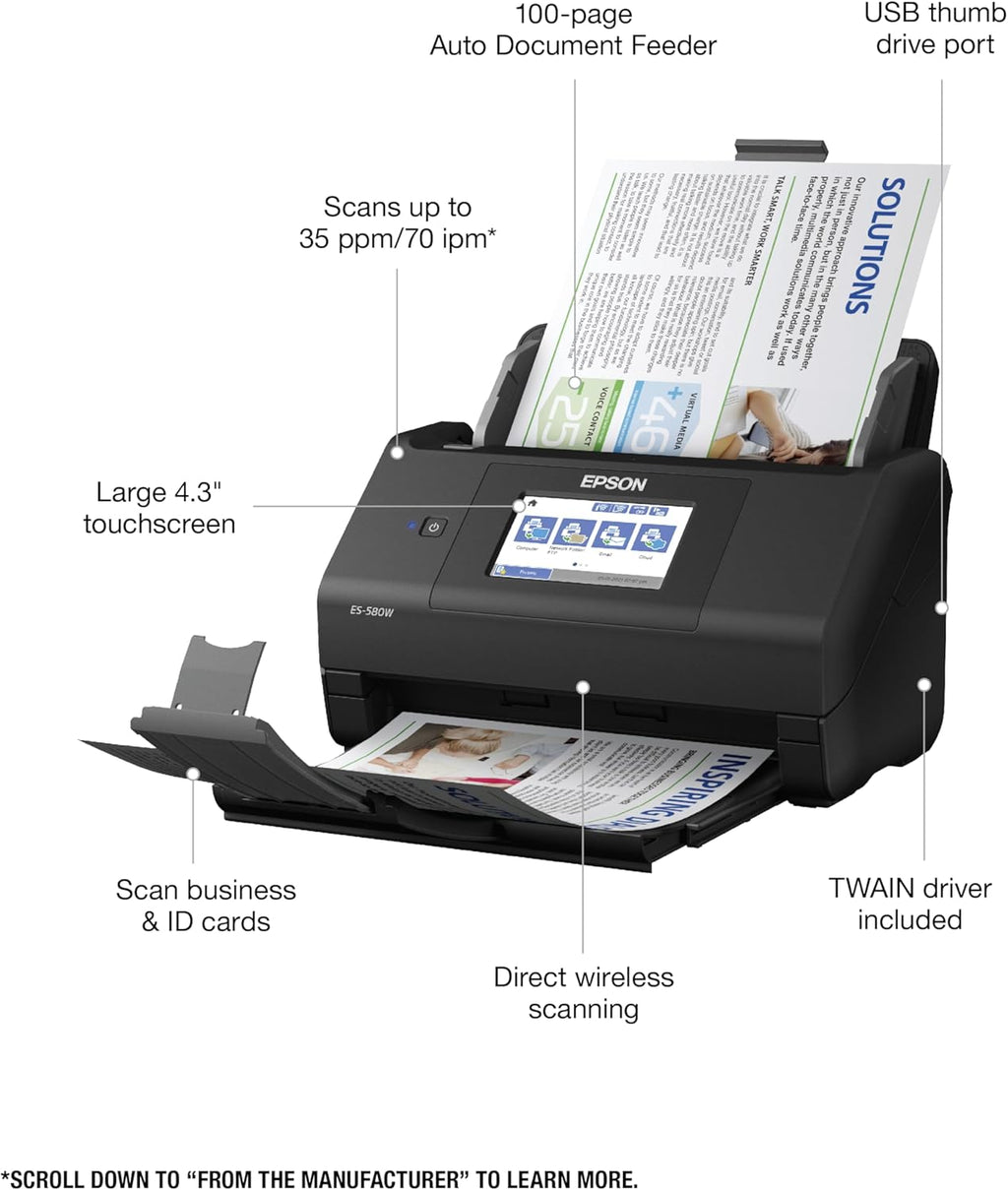 Epson scanner with features highlighted on a white background
