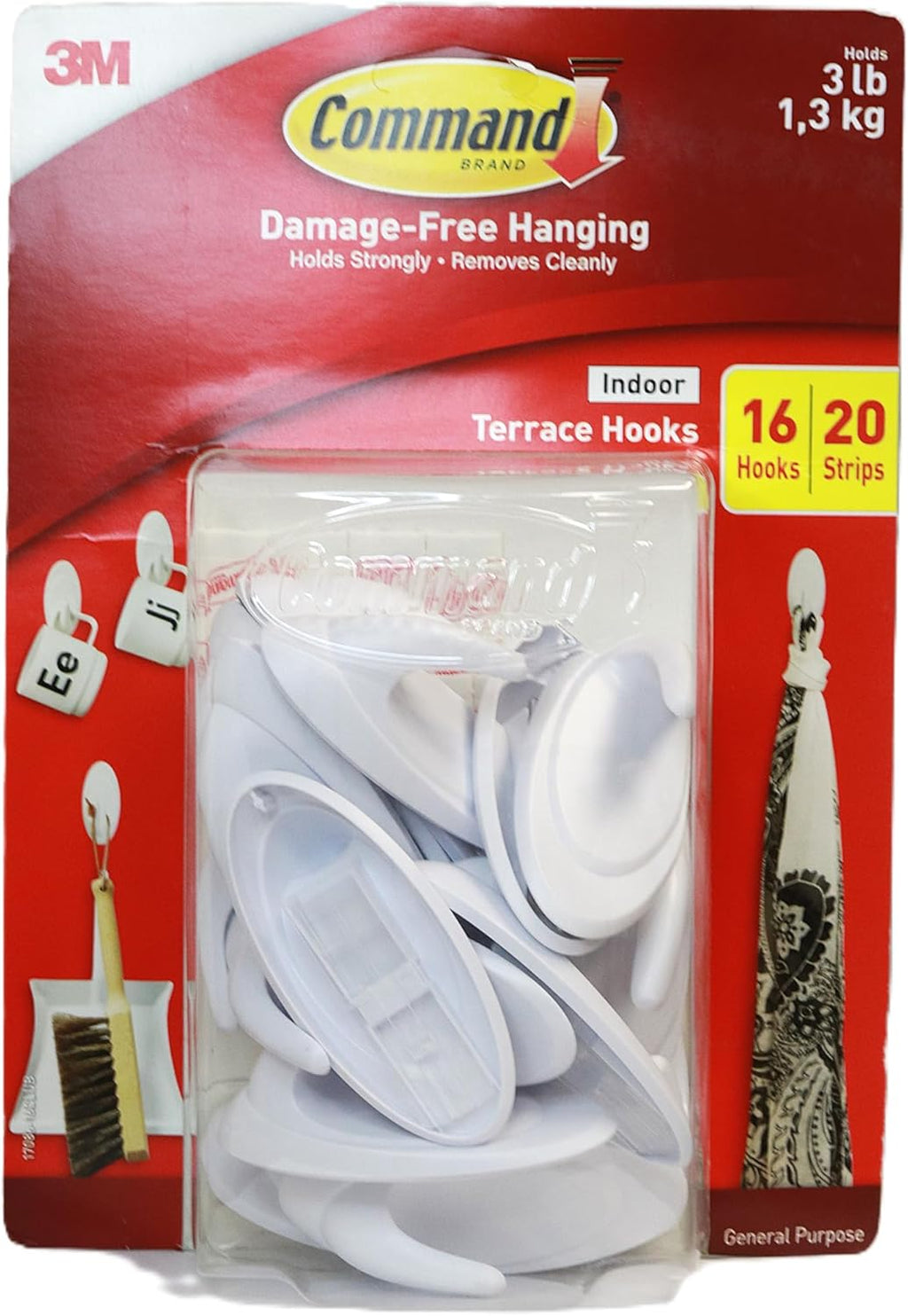 Command Utility Hooks, Damage Free Hanging Wall Hooks with Adhesive Strips, No Tools Wall Hooks, 16 White Hooks and 20 Strips