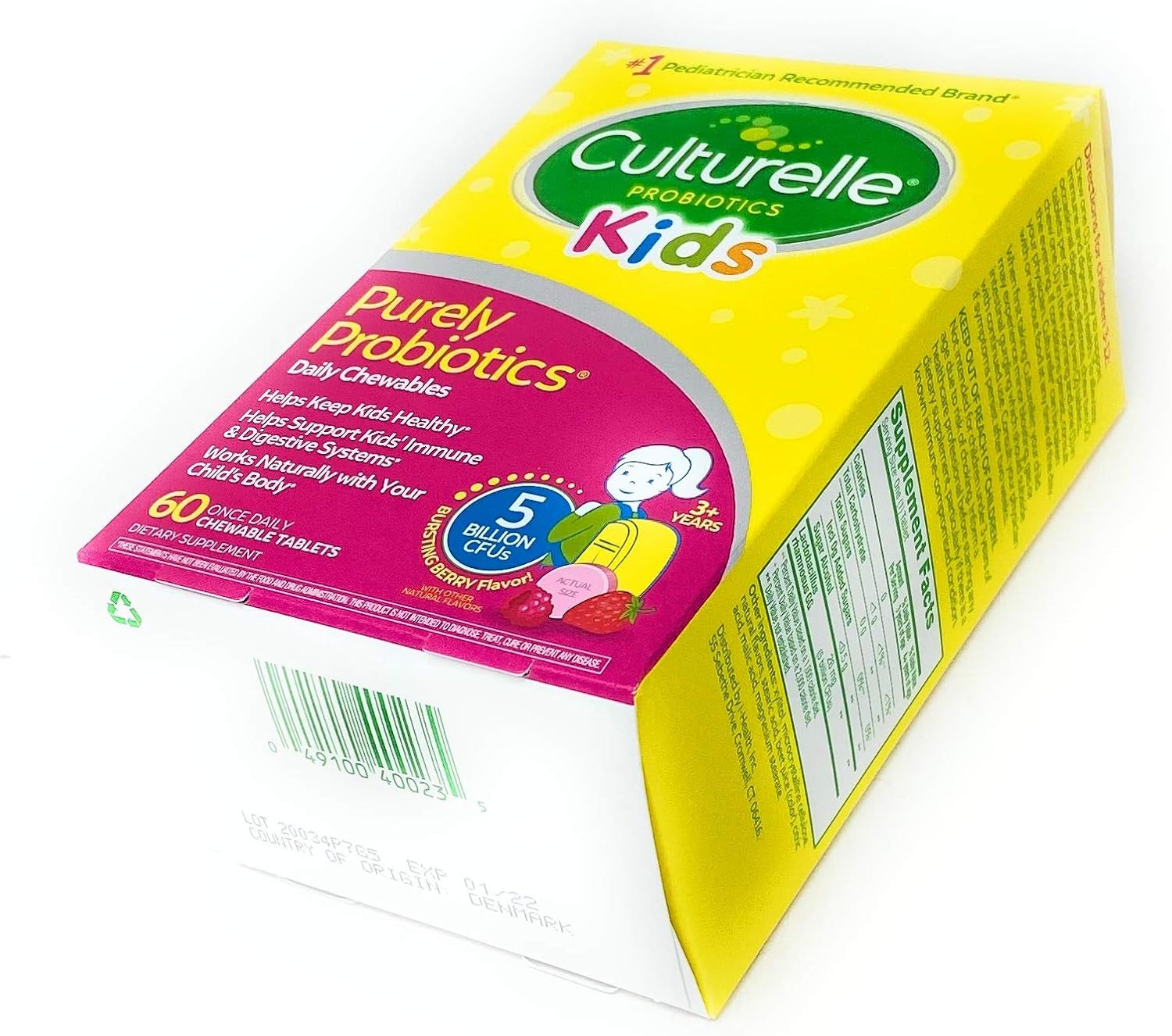 Culturelle Kids Chewable Daily Probiotic for Kids | Natural Berry Flavor Daily Supplement | 60 Count | Age 3+ | 100% Naturally Sourced Lactobacillus GG â€“The Most Clinically Studied Probiotic