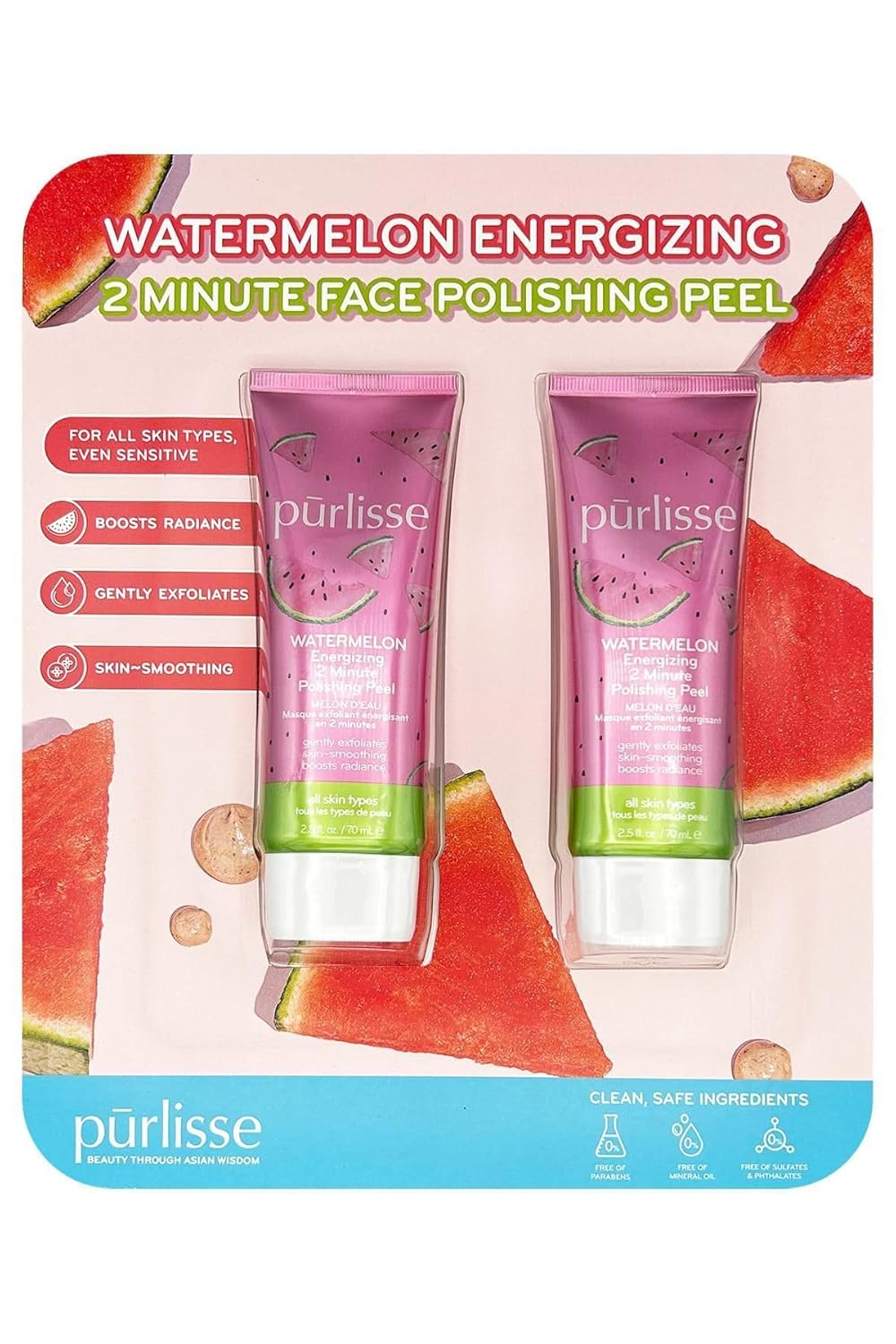 Purlisse Watermelon Energizing 2 Minute Polishing Peel, Cruelty-free, Paraben & Sulfate-free, Brightening & Smoothing, 2 Pack